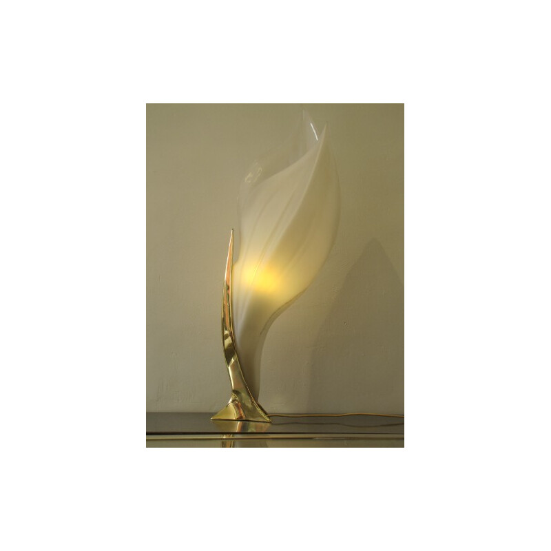 Lampe en perplex blanc et en bronze doré, Roger ROUGIER - 1970