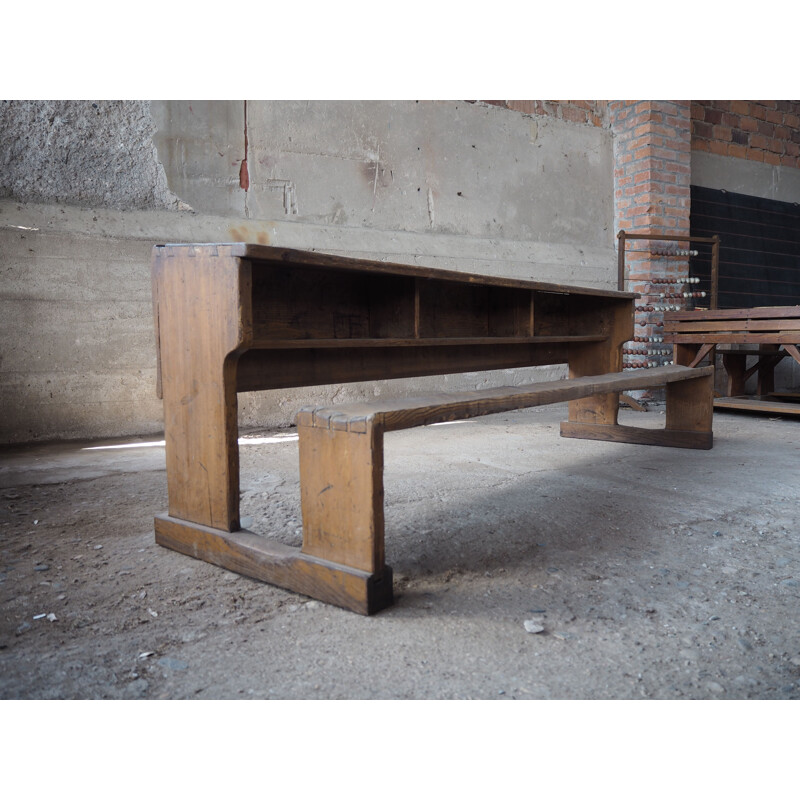 Vintage wooden school bench with original paint, Czechoslovakia 1930