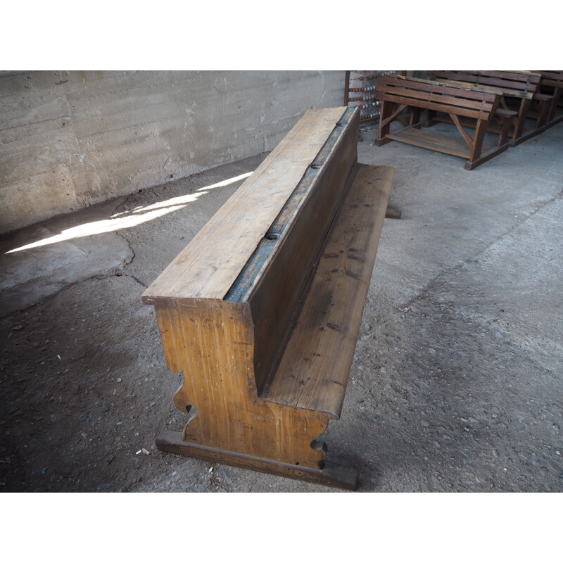 Antique long all-wood school bench with original paint, Czechoslovakia 1930s