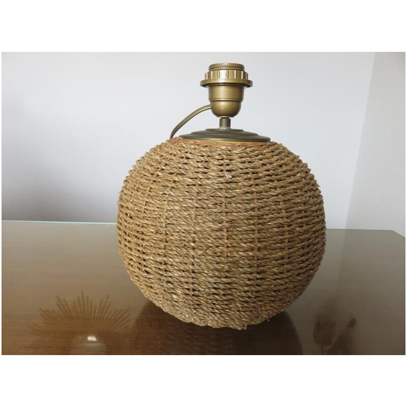 Vintage lamp in rope, rattan, ceramic and brass, France 1970s