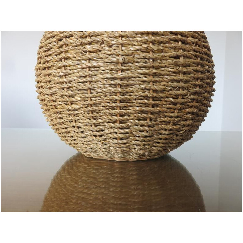 Vintage lamp in rope, rattan, ceramic and brass, France 1970s