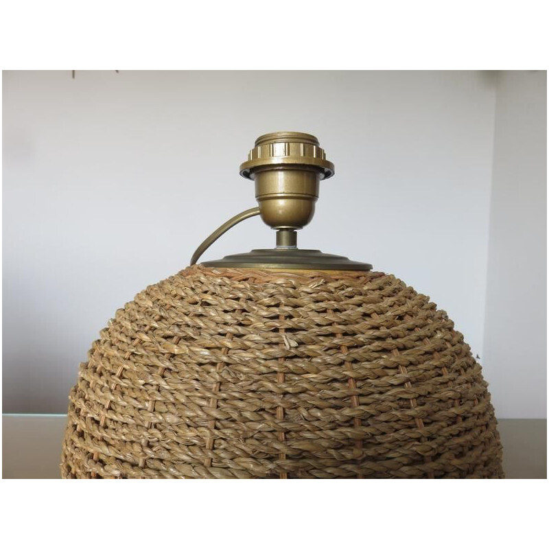Vintage lamp in rope, rattan, ceramic and brass, France 1970s