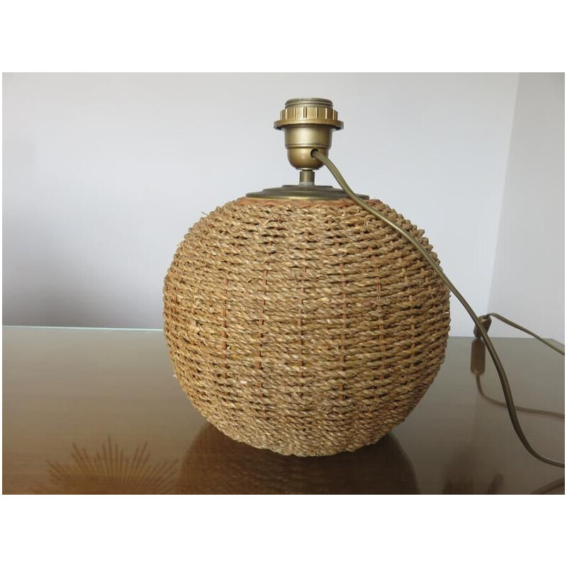 Vintage lamp in rope, rattan, ceramic and brass, France 1970s