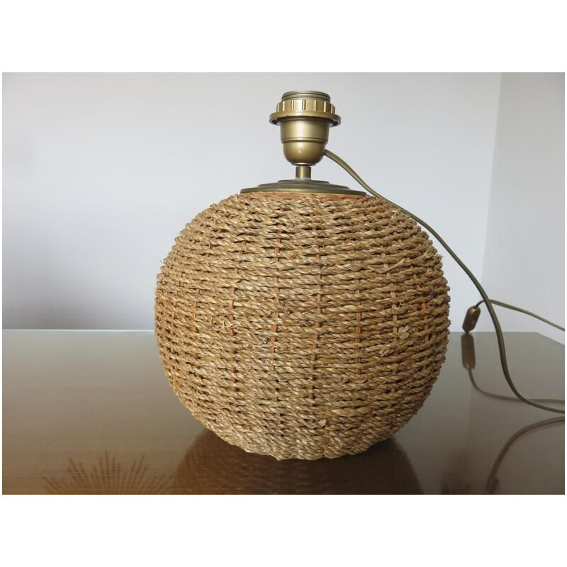 Vintage lamp in rope, rattan, ceramic and brass, France 1970s