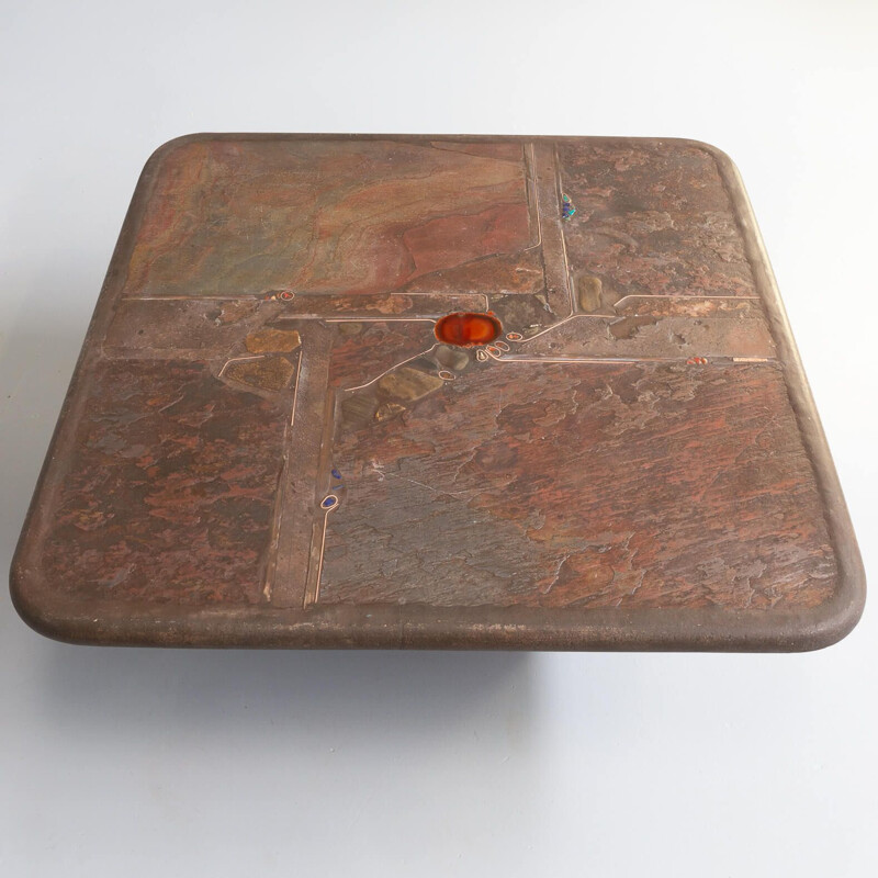 Vintage square artwork handmade coffee table by Paul Kingma, 1970s