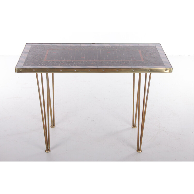 Vintage brass side table with mosaic tile, 1960s