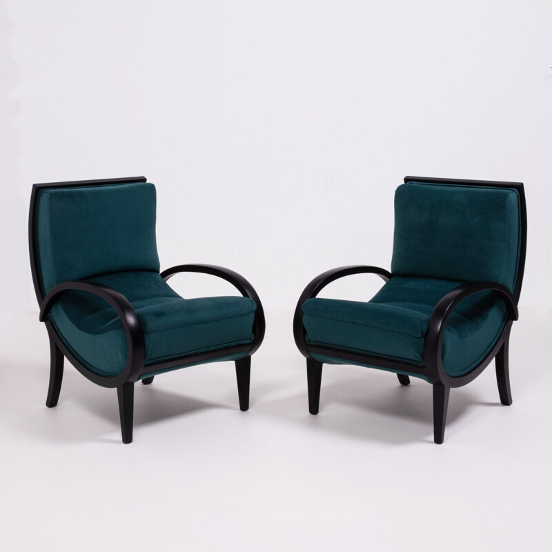 Par de poltronas Art Deco vintage em veludo de teal, 1920