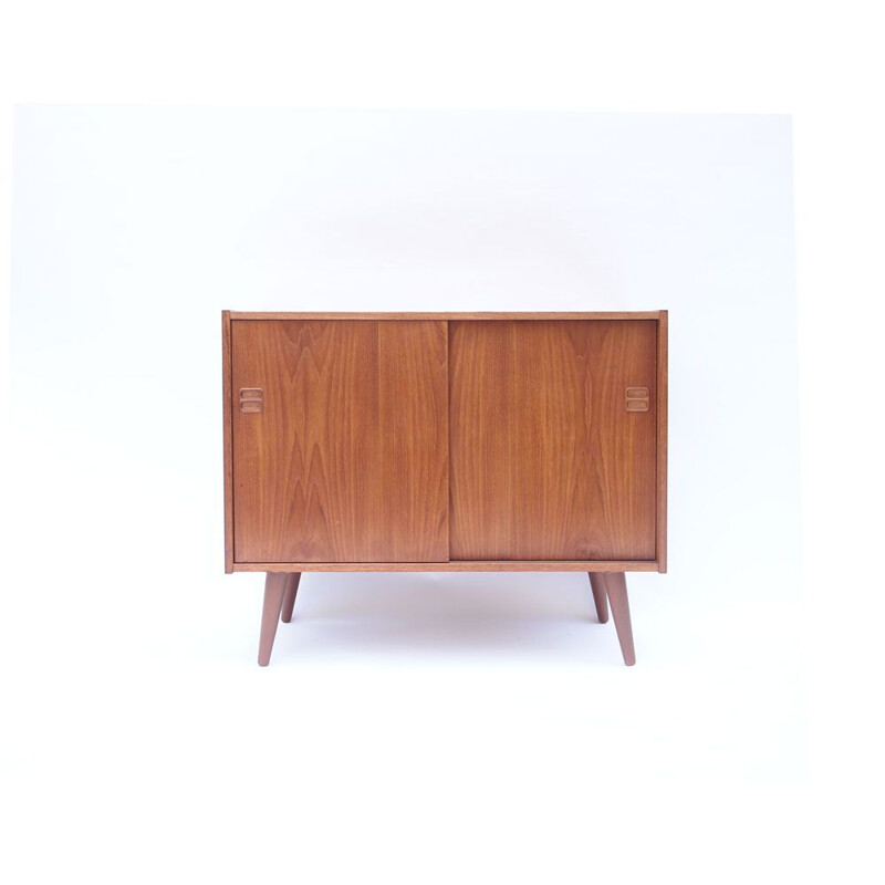 Vintage scandinavian sideboard with honey teak sliding doors, Denmark 1960s