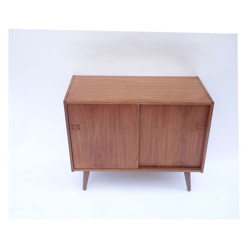 Vintage scandinavian sideboard with honey teak sliding doors, Denmark 1960s