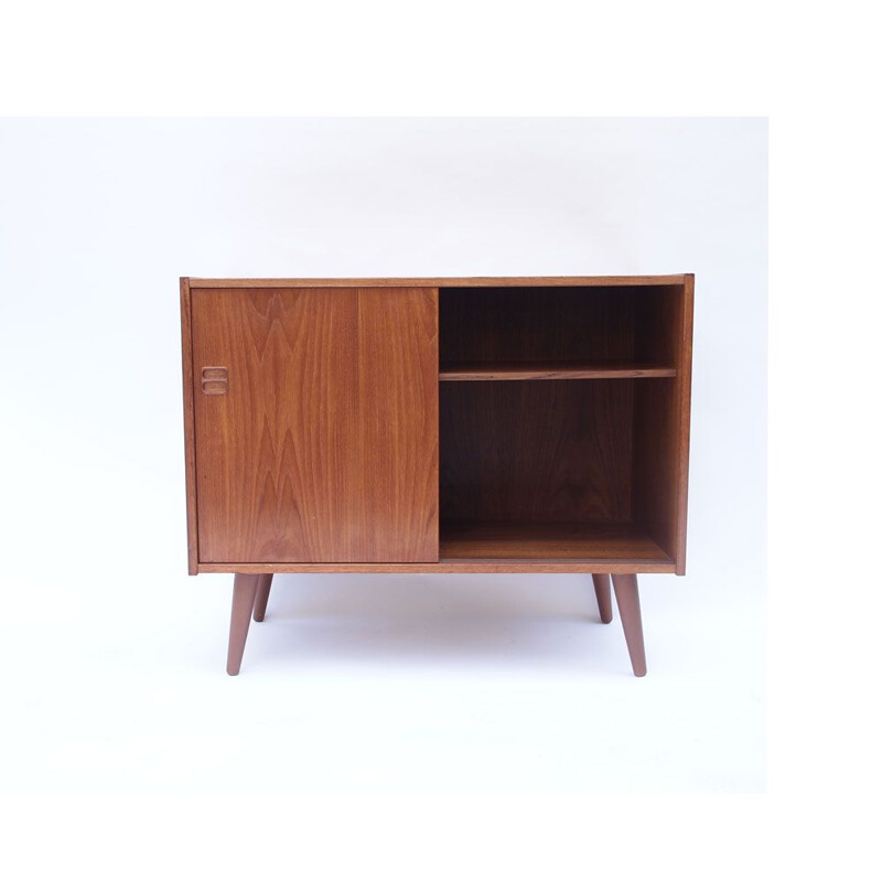 Vintage scandinavian sideboard with honey teak sliding doors, Denmark 1960s