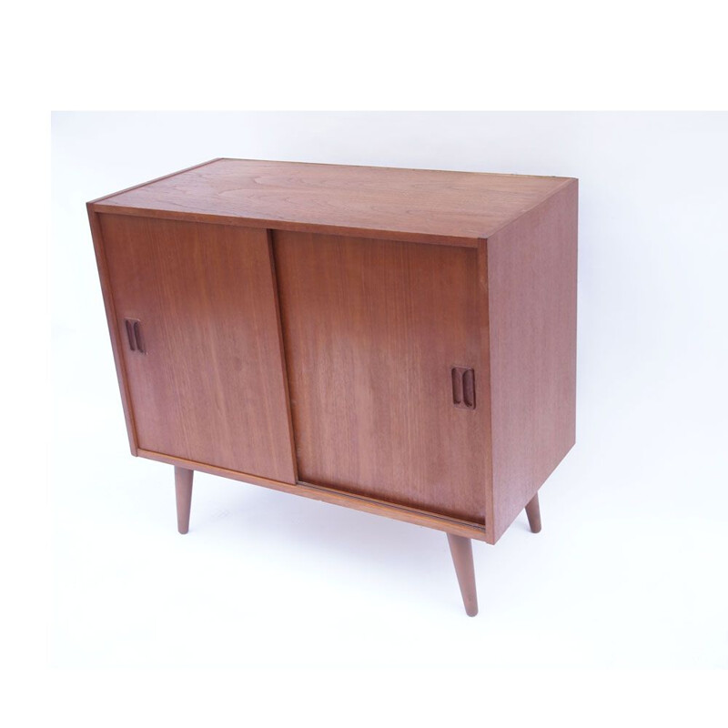 Vintage scandinavian sideboard with honey teak sliding doors, Denmark 1960s