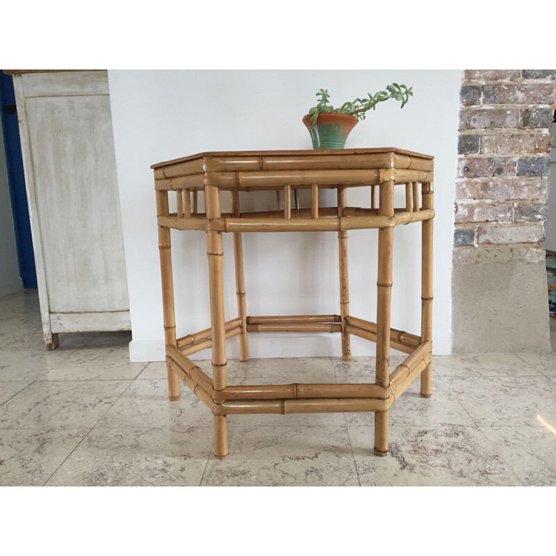 Vintage hexagonal bamboo side table