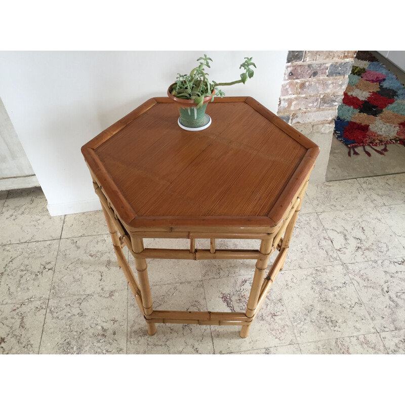 Vintage hexagonal bamboo side table