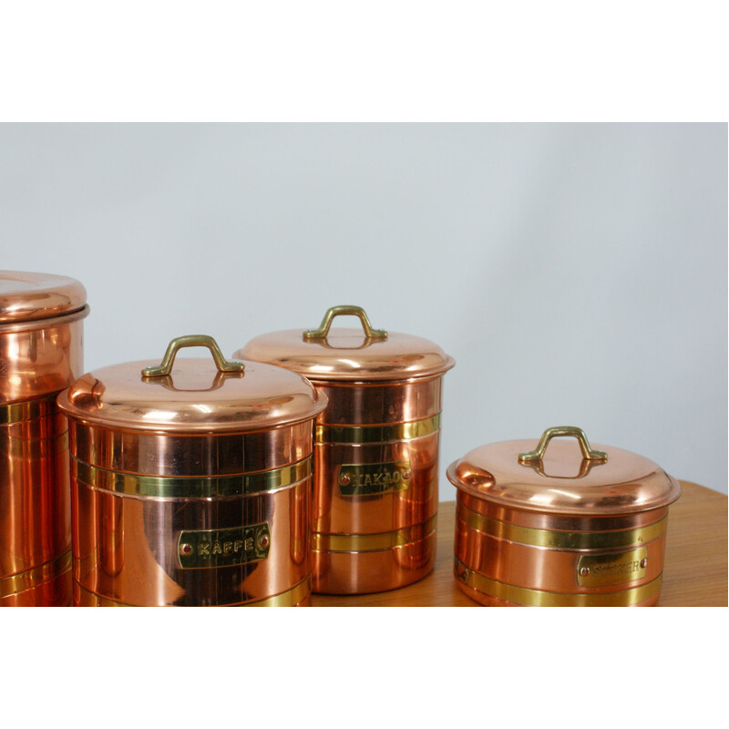 Conjunto de 5 recipientes de cobre vintage, Suécia 1970