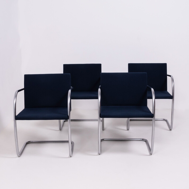Satz von 4 Vintage-Stühlen mit marinefarbenem Brno-Stoff von Ludwig Mies van der Rohe für Knoll, 1930