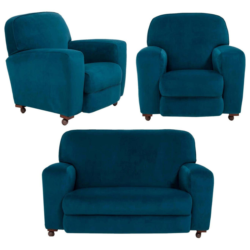 Set of Art deco curved blue teal velvet sofa and 2 armchairs vintage, 1930s