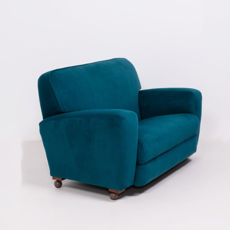 Set of Art deco curved blue teal velvet sofa and 2 armchairs vintage, 1930s