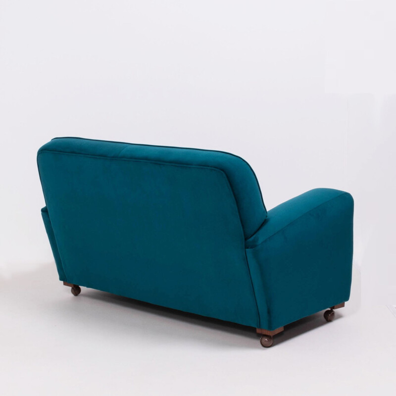 Set van bank en 2 gebogen vintage Art Deco fauteuils in groenblauw fluweel, 1930