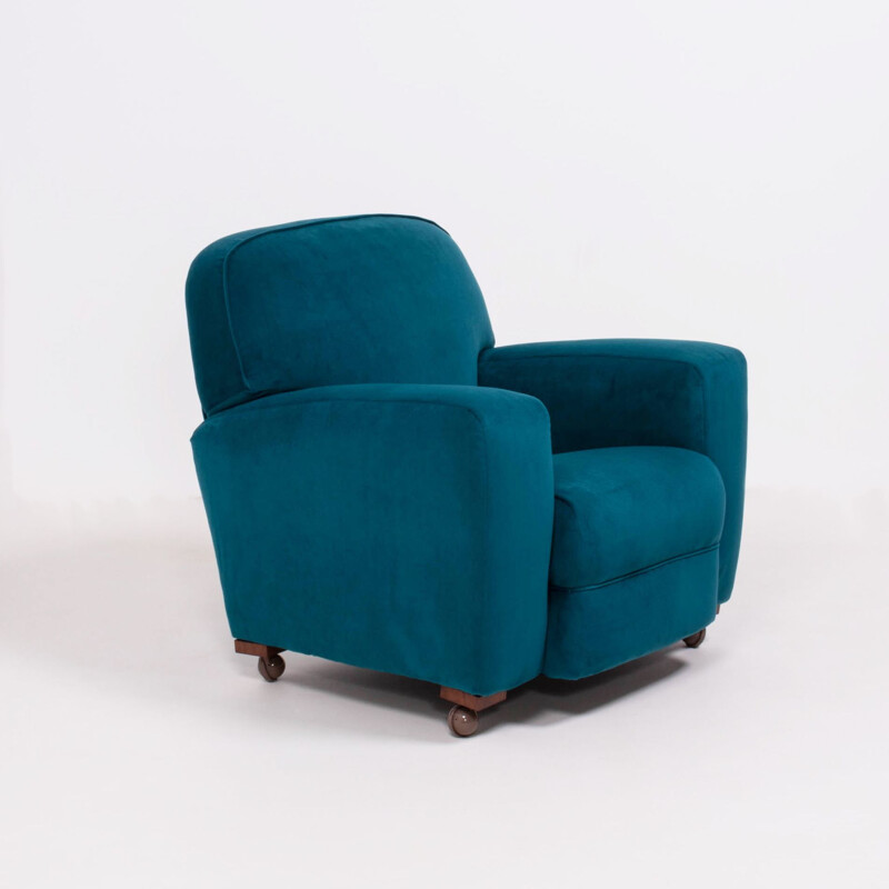 Set van bank en 2 gebogen vintage Art Deco fauteuils in groenblauw fluweel, 1930