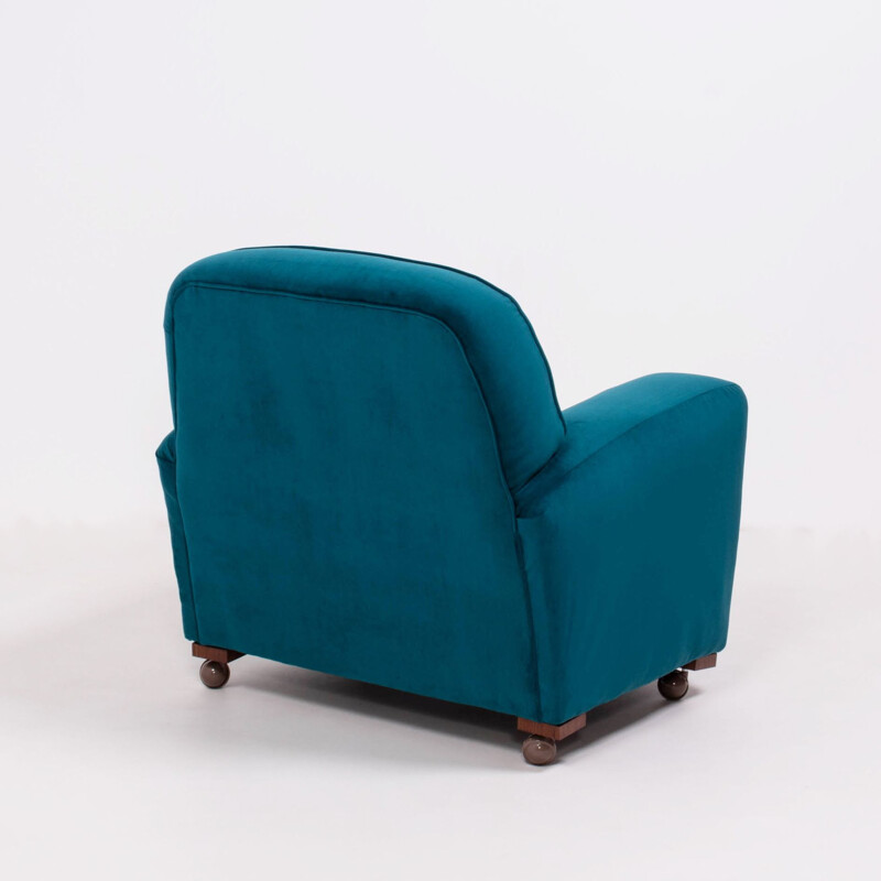 Ensemble de canapé et de 2 fauteuils Art déco vintage incurvés en velours bleu sarcelle , 1930