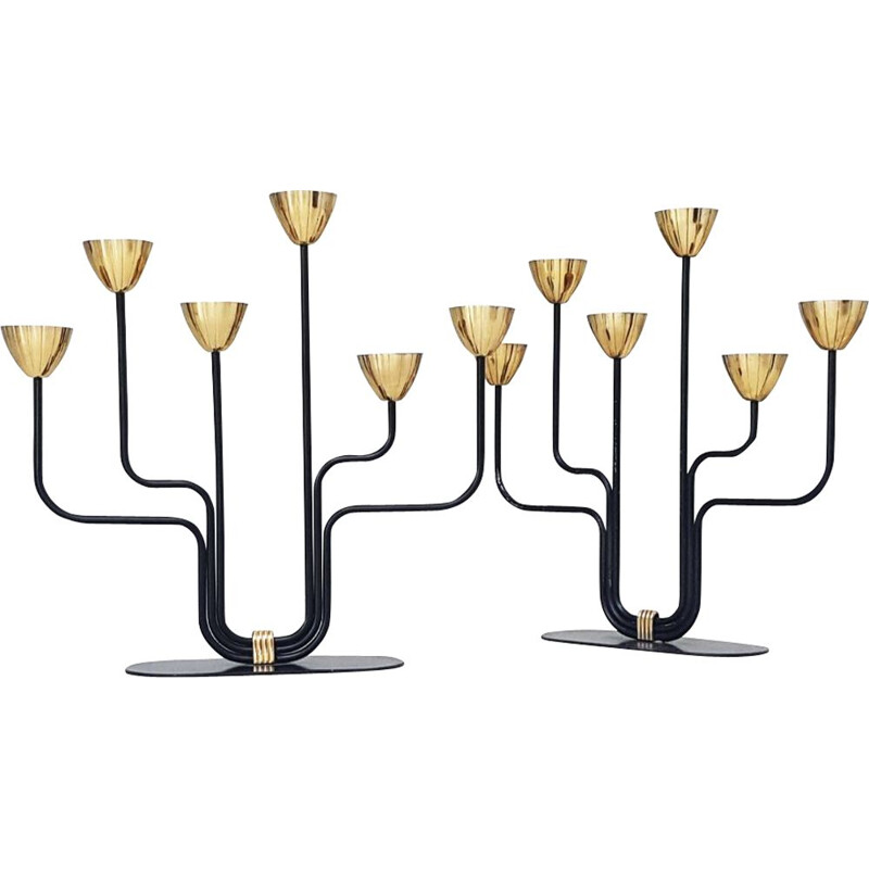 Pair of vintage modernist 6-light brass & lacquered iron candleholders by Gunnar Ander, Sweden 1960s