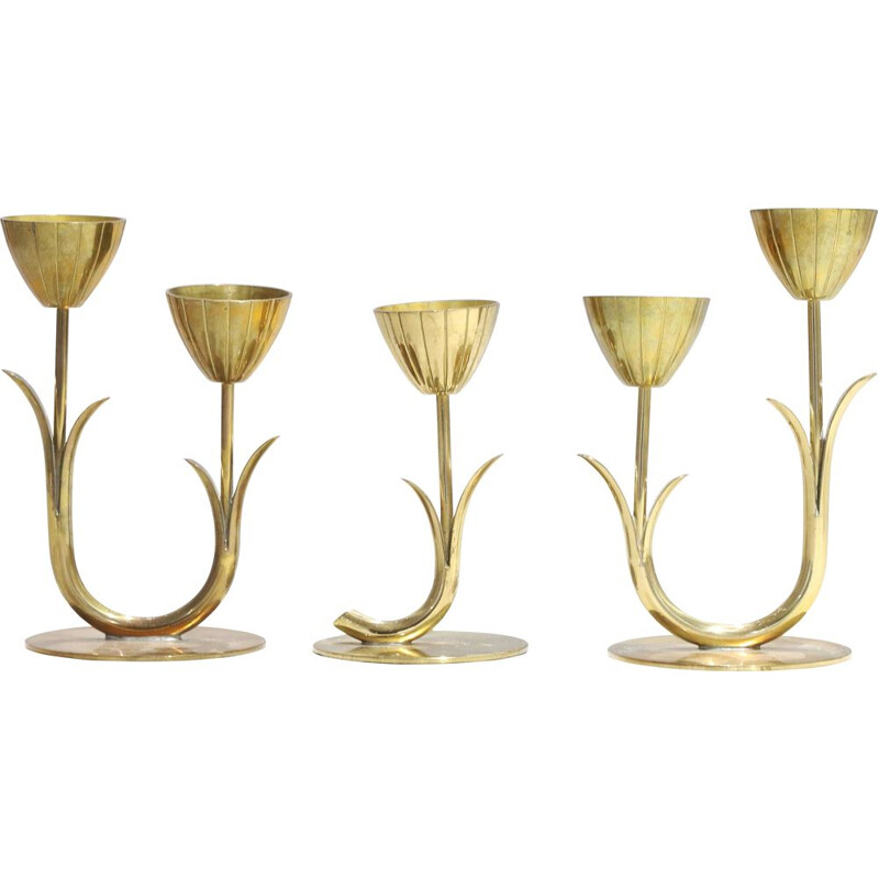 Set of 3 vintage solid brass candelabras by Gunnar Ander, Sweden 1960s
