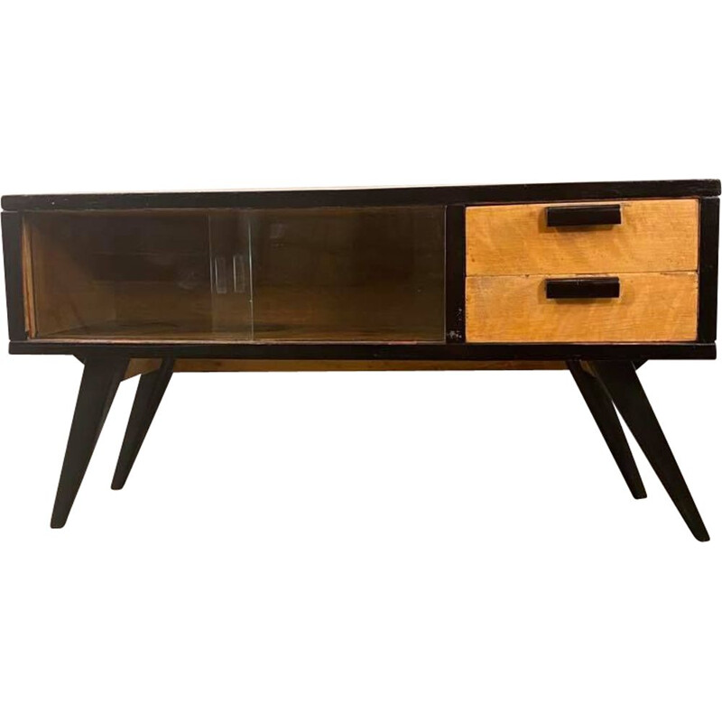 Credenza d'epoca impiallacciata in noce con finestra scorrevole, 1960