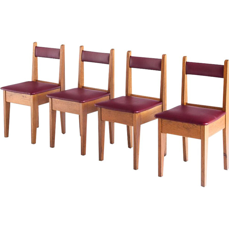 Set of 4 vintage oak and eskai chairs, France 1960s