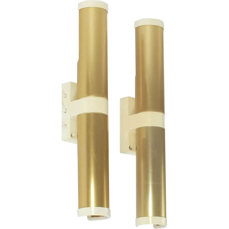 Pair of vintage white and gold plastic wall lamps, 1970
