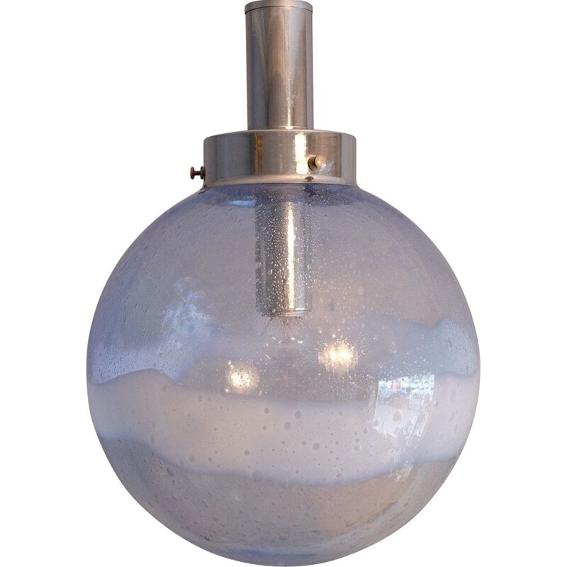 Vintage Mazzega Murano blue glass globe pendant with bold white swirl, Italy 1960s