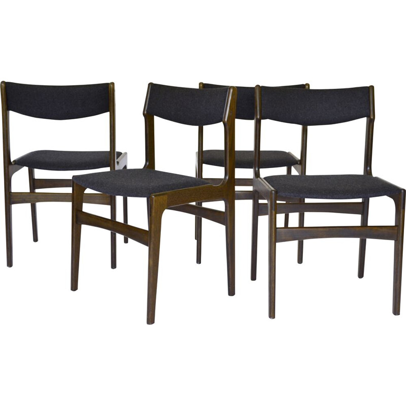 Set of 4 felt & walnut vintage dining chairs by Erik Buch for O.D. Møbler, Denmark 1960s