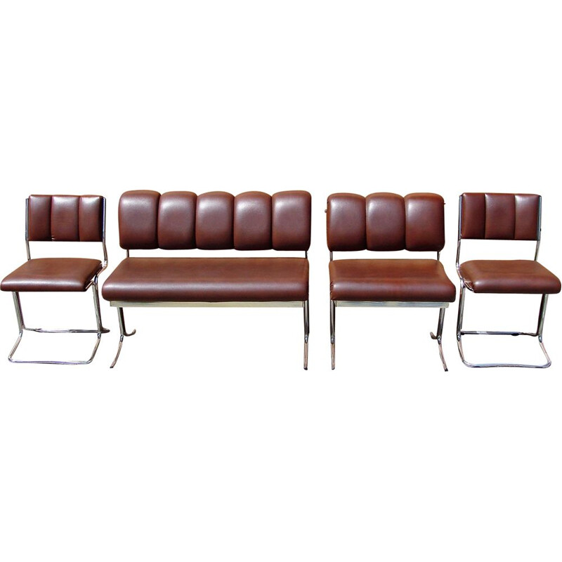 Set of chrome-plated metal and eco-friendly leather vintage armchairs and sofas by Royal Board, 1970s