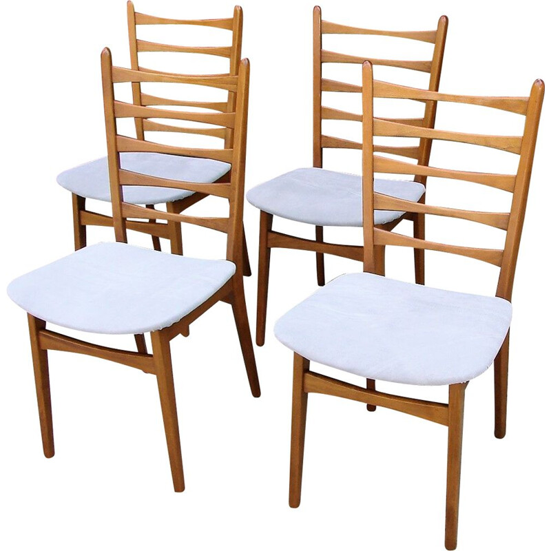 Set of 4 wood and fabric vintage chairs, 1960s