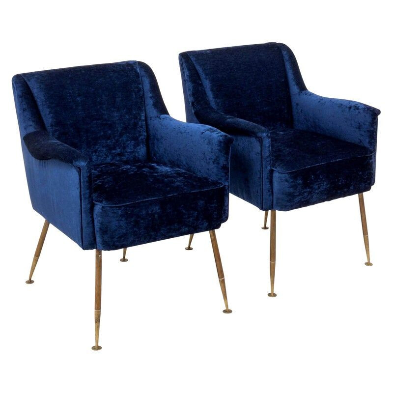 Paar vintage fauteuils van blauw fluweel en messing, camelia door Carlo Pagani voor Arflex, 1951