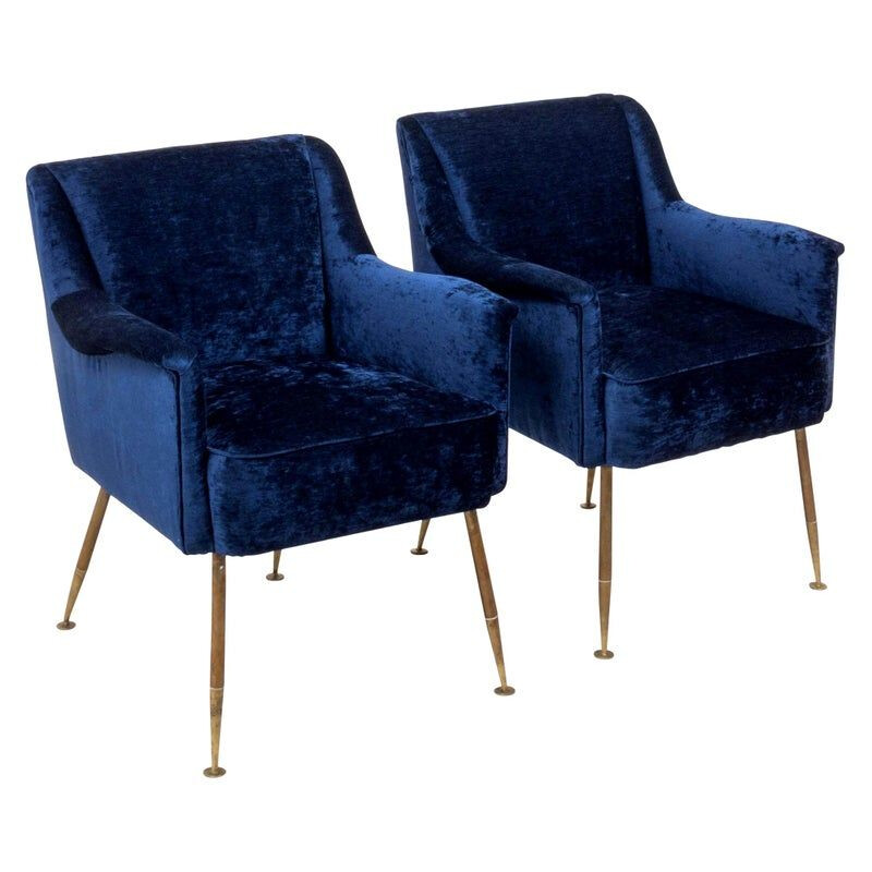 Pair of vintage blue velvet and brass armchairs, camelia by Carlo Pagani for Arflex, 1951