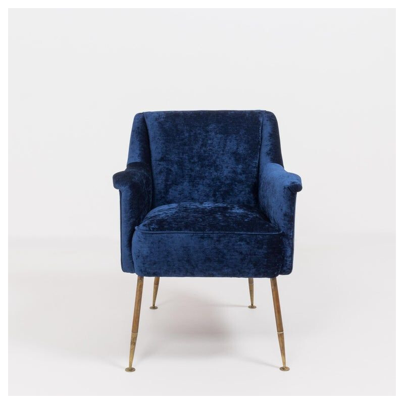 Paar vintage fauteuils van blauw fluweel en messing, camelia door Carlo Pagani voor Arflex, 1951