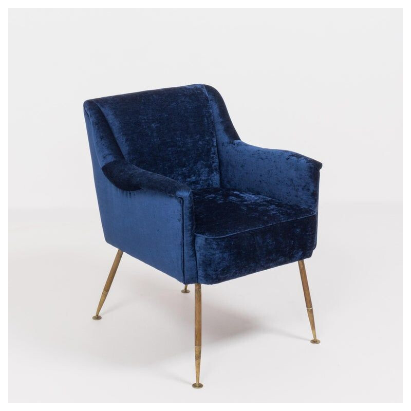 Paar vintage fauteuils van blauw fluweel en messing, camelia door Carlo Pagani voor Arflex, 1951