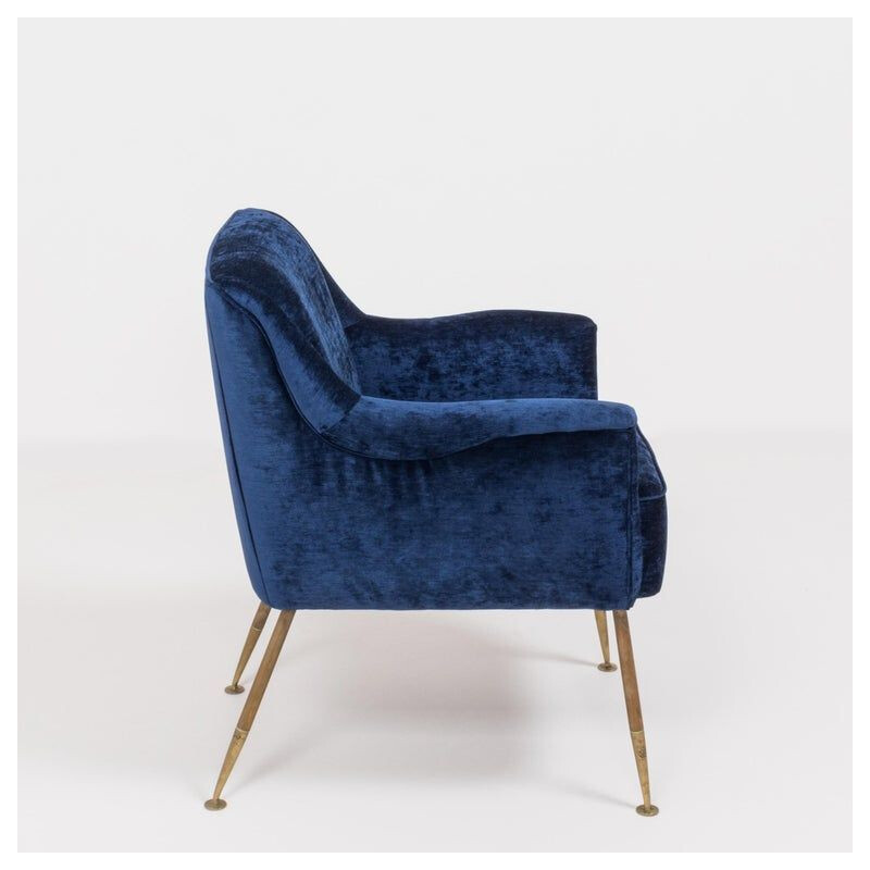 Par de poltronas de veludo azul vintage e latão, camélia de Carlo Pagani para Arflex, 1951