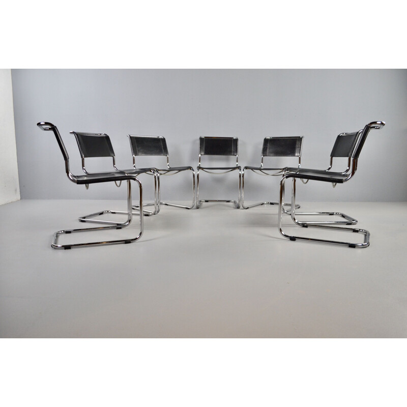 Set of 7 S33 black leather vintage dining chairs by Mart Stam for Thonet, 1980s