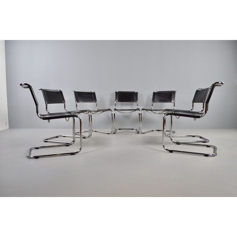 Set of 7 S33 black leather vintage dining chairs by Mart Stam for Thonet, 1980s