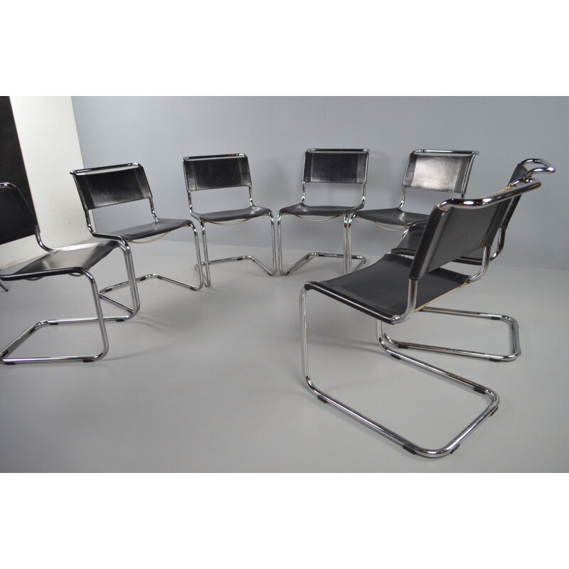 Set of 7 S33 black leather vintage dining chairs by Mart Stam for Thonet, 1980s