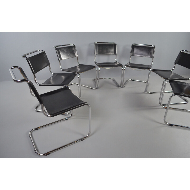 Set of 7 S33 black leather vintage dining chairs by Mart Stam for Thonet, 1980s