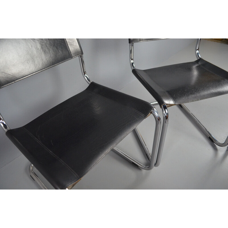 Set of 7 S33 black leather vintage dining chairs by Mart Stam for Thonet, 1980s