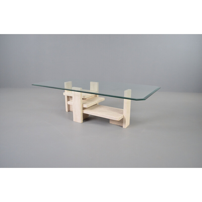 Vintage travertine and glass coffee table by Willy Ballez, 1970s