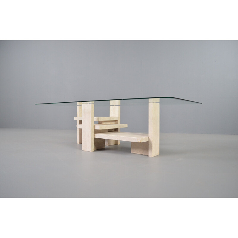 Vintage travertine and glass coffee table by Willy Ballez, 1970s