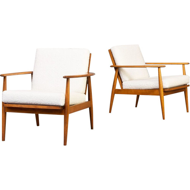 Pair of vintage teak lounge chairs with new wolish teddy fabric, 1960s