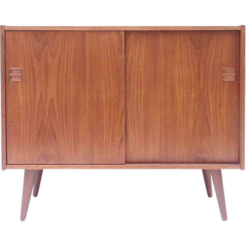 Vintage scandinavian sideboard with honey teak sliding doors, Denmark 1960s