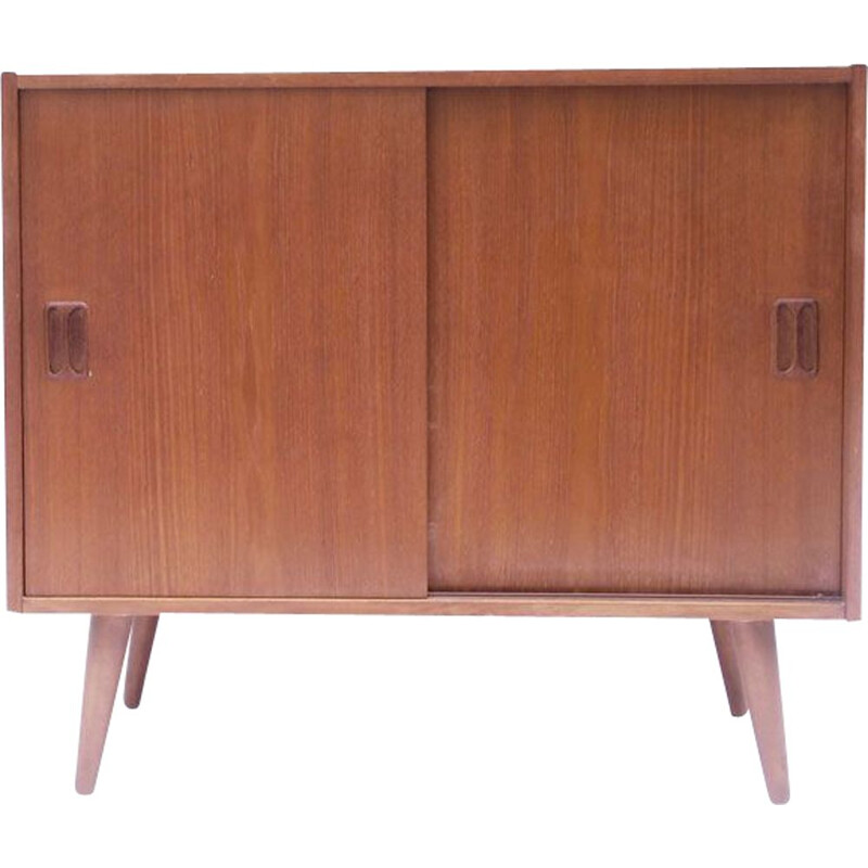 Vintage scandinavian sideboard with honey teak sliding doors, Denmark 1960s