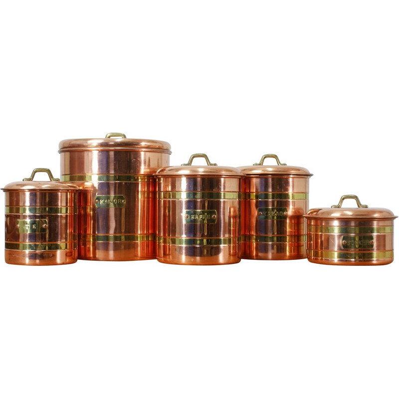 Conjunto de 5 recipientes de cobre vintage, Suécia 1970