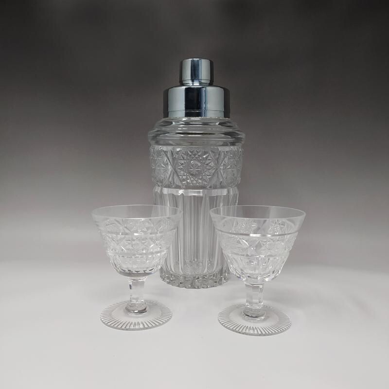 Ensemble de shaker et de 2 verres à cocktail vintage en cristal taillé, Italie 1960